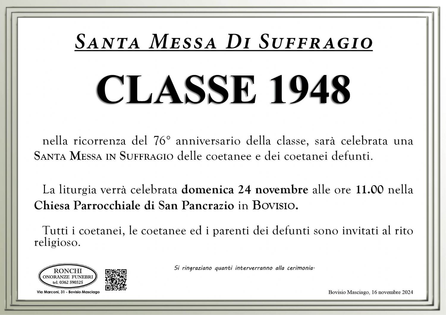 Santa Messa Di Suffragio  Classe 1948